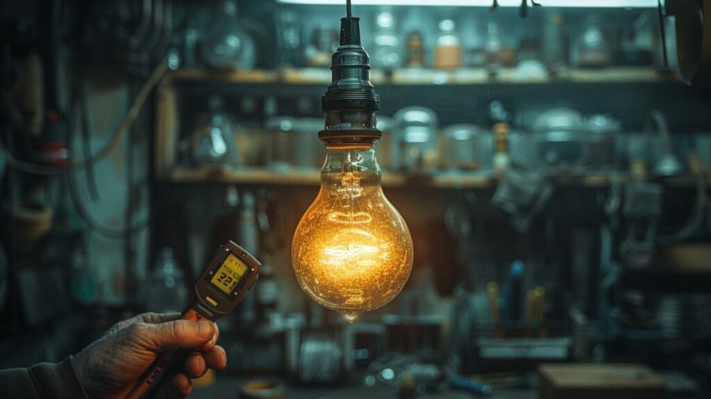 A person inspecting a flickering bulb in a dim room