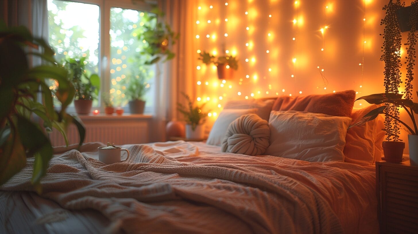 An intimate bedroom scene with warm lighting from string lights, decorated with plants and a cup of tea on a wooden nightstand.