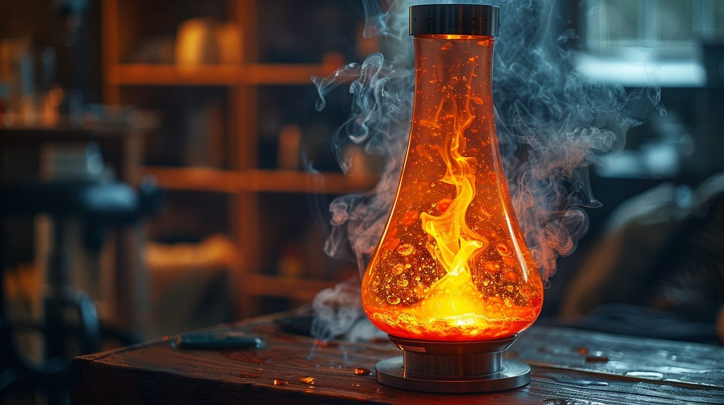 An overheating lava lamp with visible cracks and leaking wax in a dimly lit home environment.