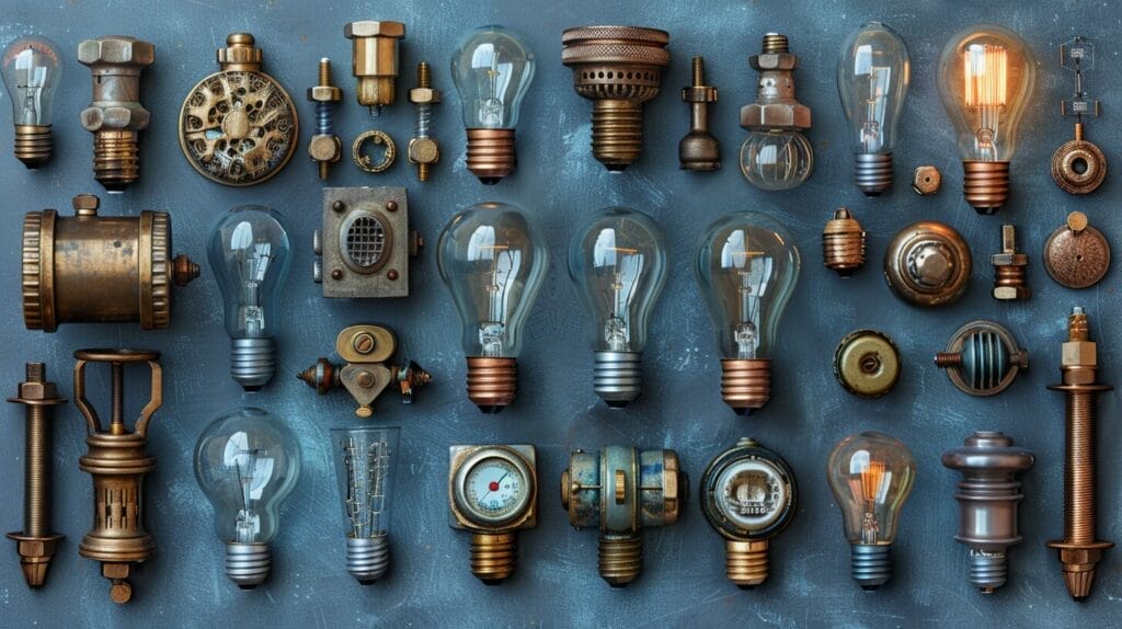 Assorted light bulb bases, different sizes and shapes, metallic connectors, neutral background.