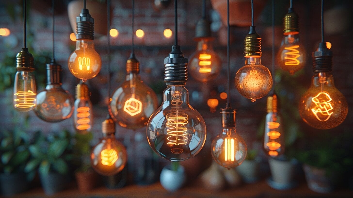 Assortment of glowing light bulbs with varied types and wattages against a dark backdrop.