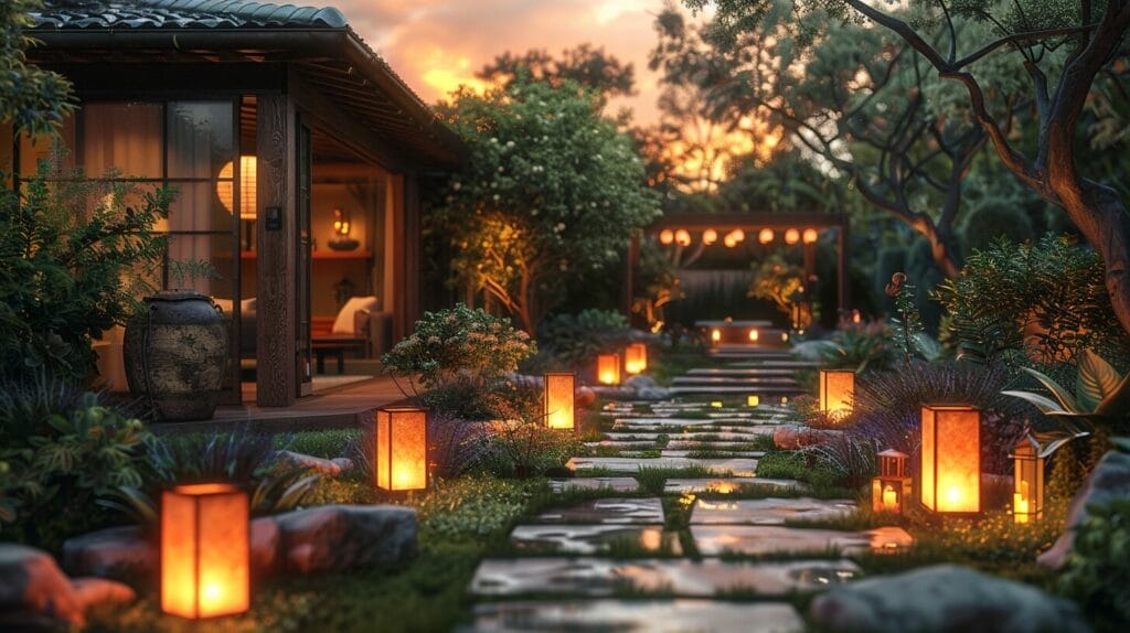 Backyard dusk, solar-powered lanterns, eco-friendly lighting.