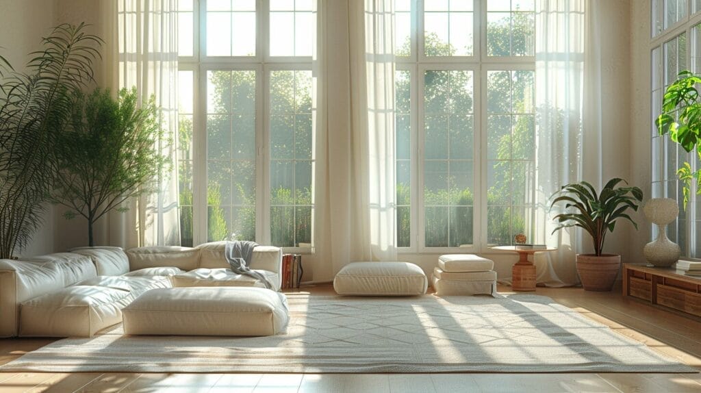 Bright room with large windows, sheer curtains, and reflective decor enhancing natural sunlight.