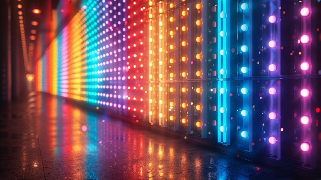 Brightly glowing LED lights in red, blue, green, yellow, white, purple.