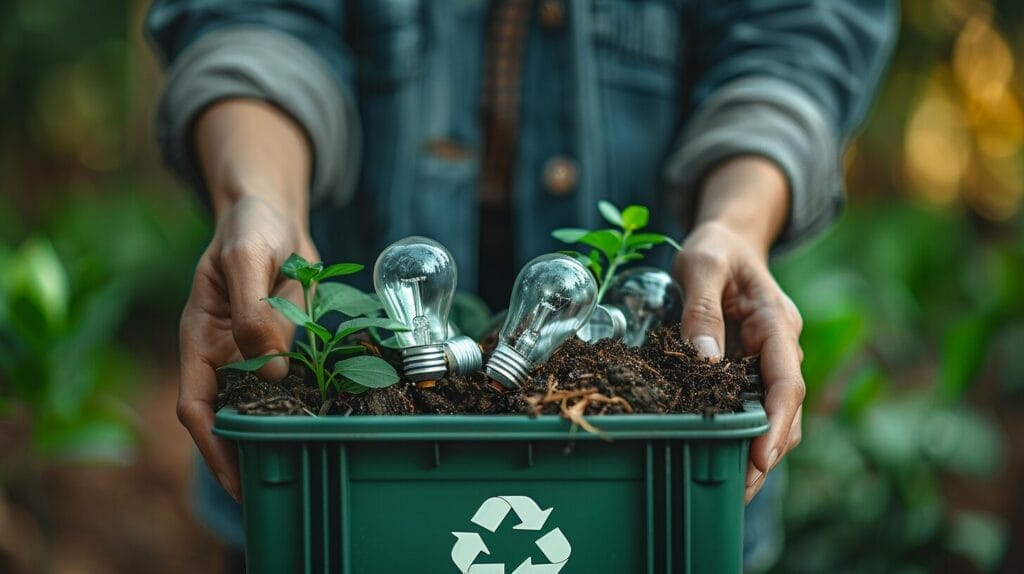 Close-up image of hands placing LED light bulbs into an e-waste recycling bin with eco-friendly symbols.