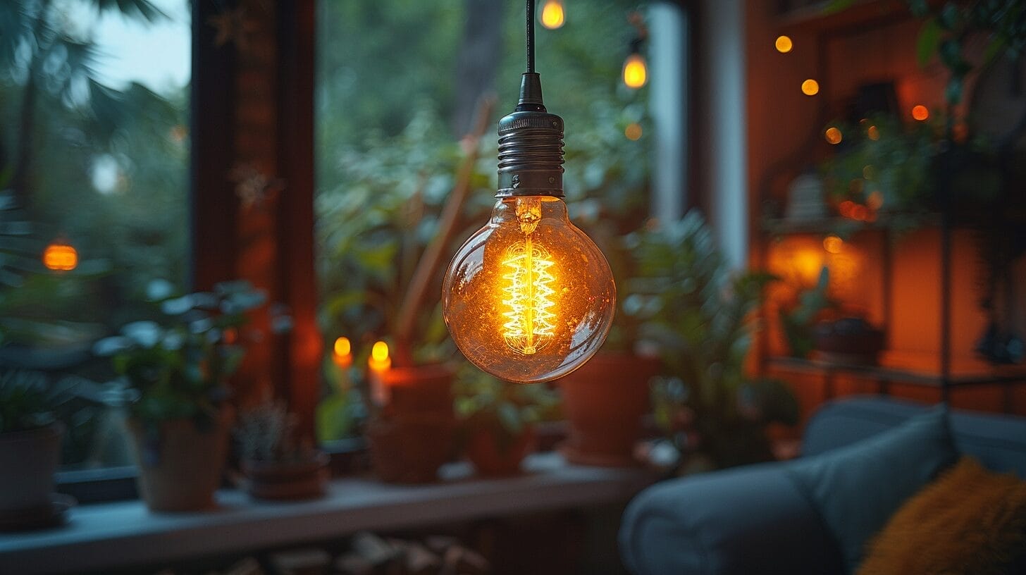 Close-up of a glowing halogen bulb emitting warm golden light in a cozy room.