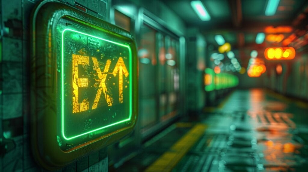 Close-up of green exit signs with visibility diagrams.