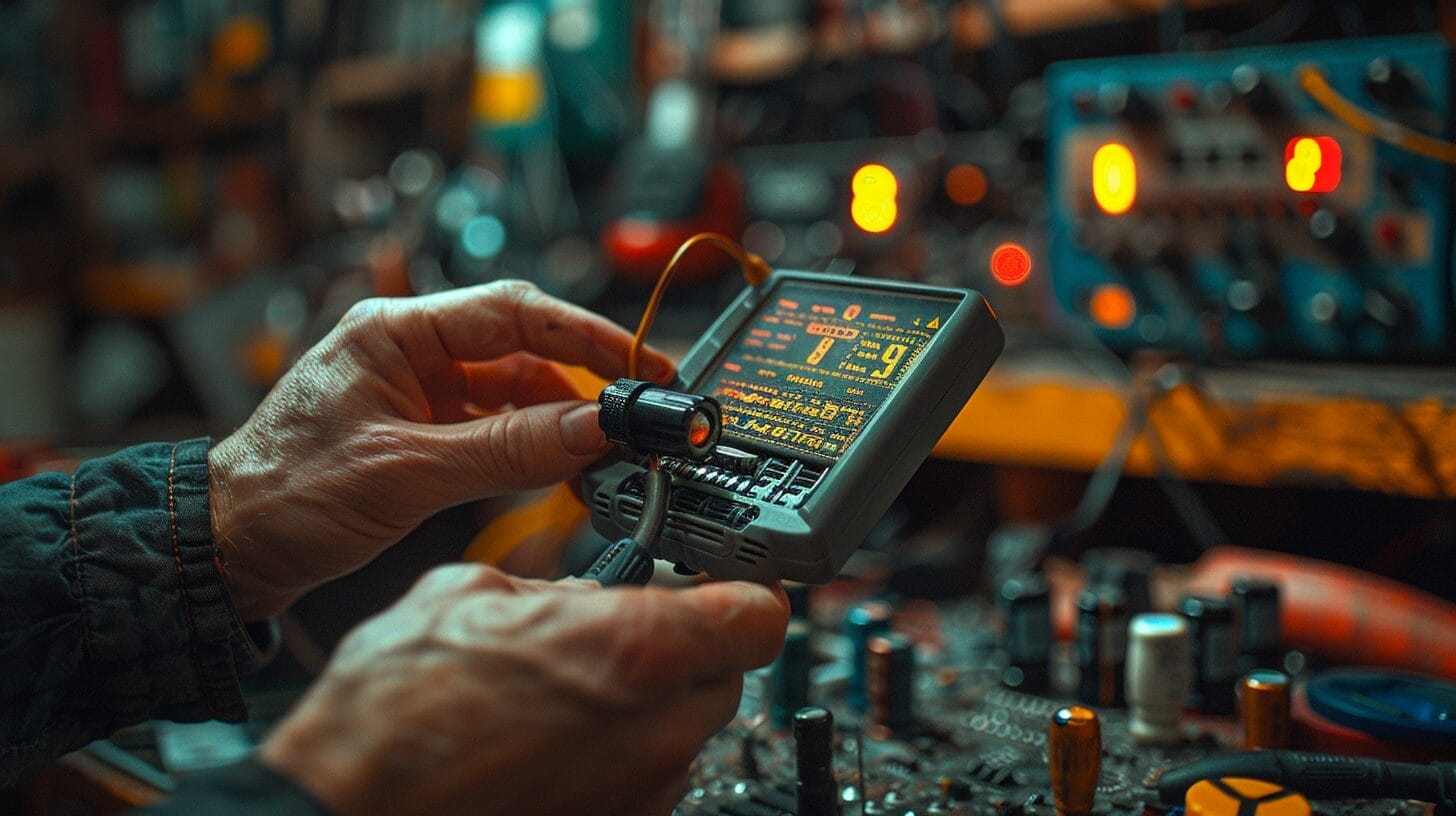Close-up of multimeter use on a light bulb at a tool-filled workbench