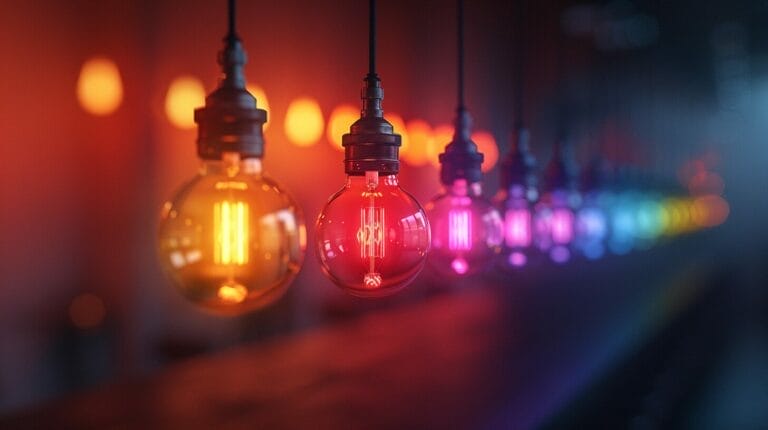 Color-changing light bulb with spectrum from orange to blue.