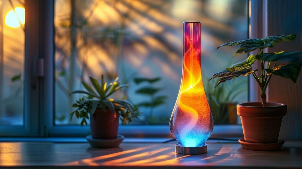 Colorful, glowing lava lamp in a dim room creating a cozy atmosphere.