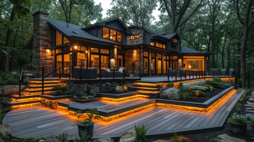 Cozy evening deck with low-voltage lighting on steps, railings, and seating areas.