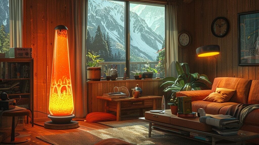 Cozy living room at night with a glowing lava lamp and a clock indicating late hours, highlighting potential electrical hazards.
