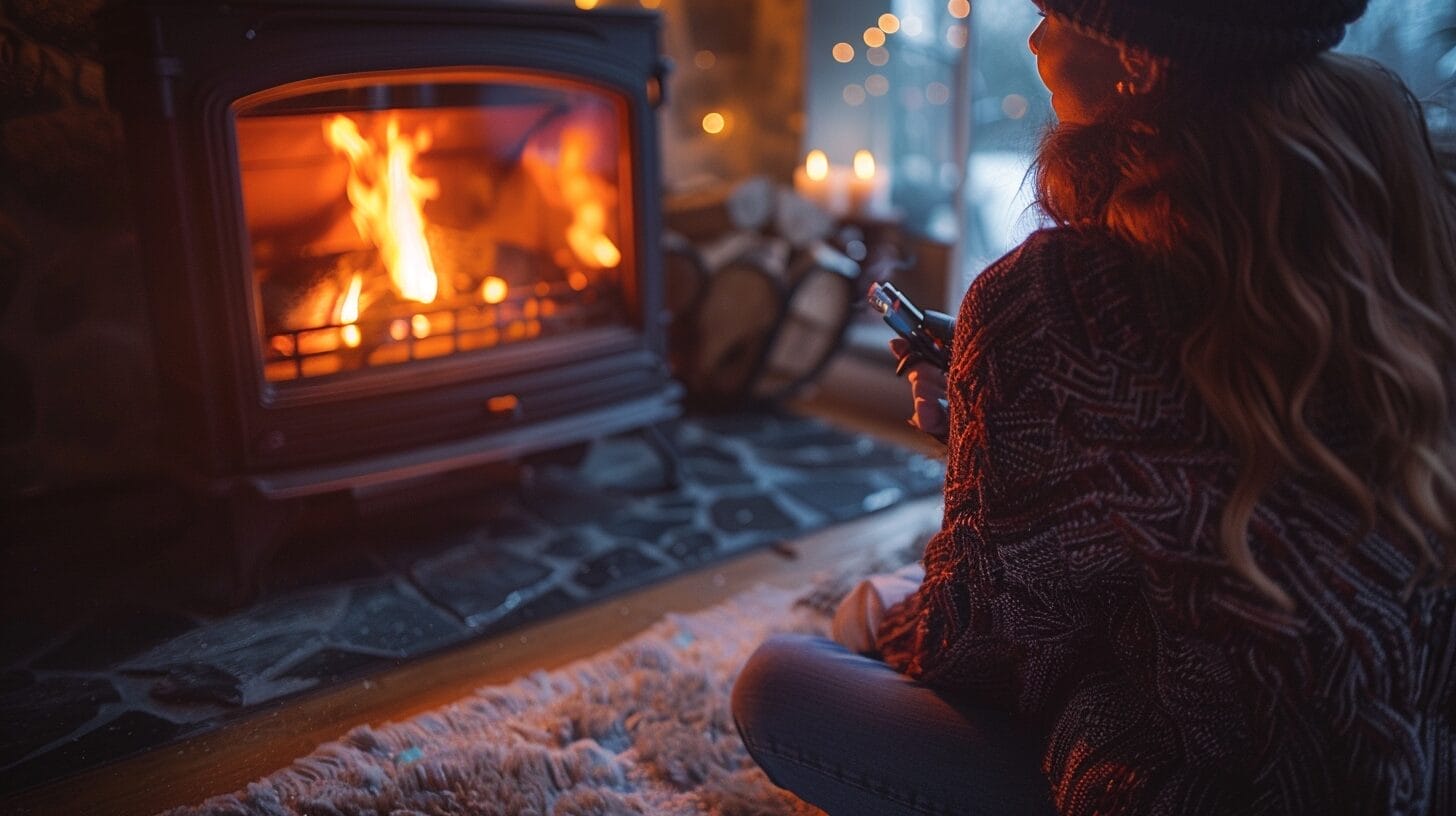 Cozy living room, person lighting gas fireplace, warm glow.