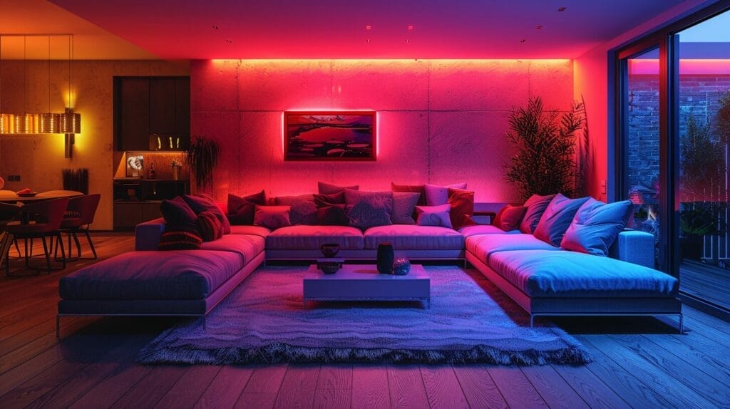 Cozy living room with LED lights in warm white, cool blue, and soft pink.