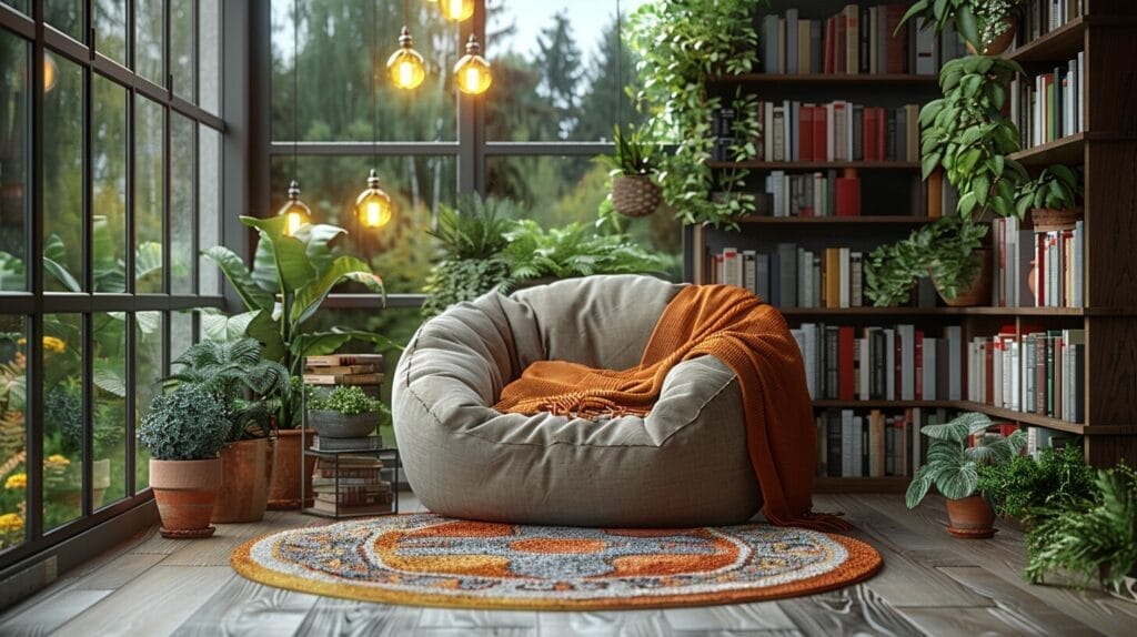 Cozy reading nook with daylight bulbs, vibrant plants, and colorful books.