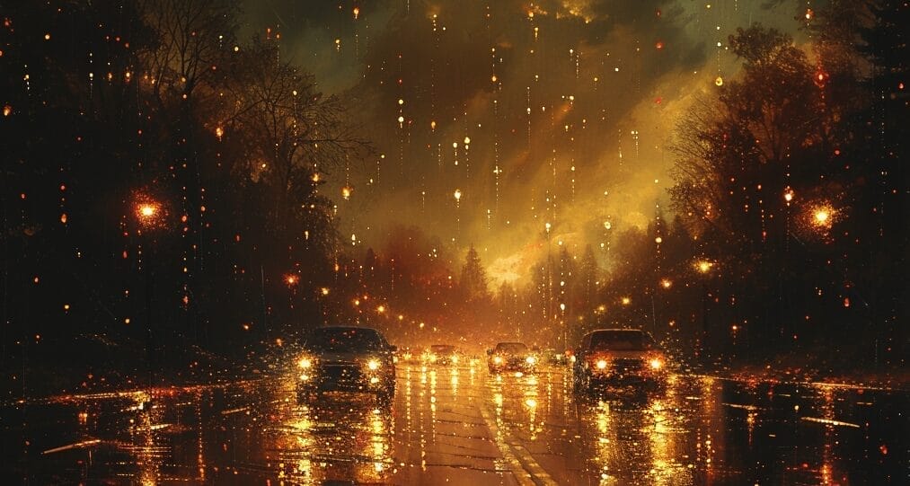 Dark road, glaring headlights, squinting driver, wet pavement reflections