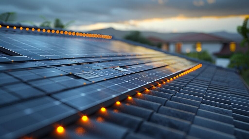 Detailed rooftop solar panel connections with inverters and optimizers.