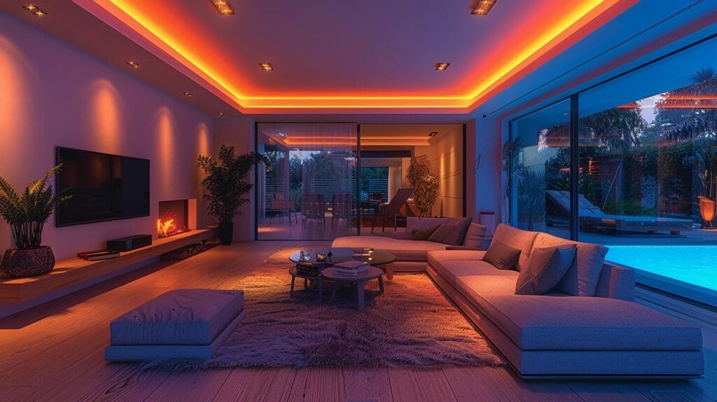 Different indoor spaces like living room and kitchen brightly illuminated by various styles of LED flood lights.