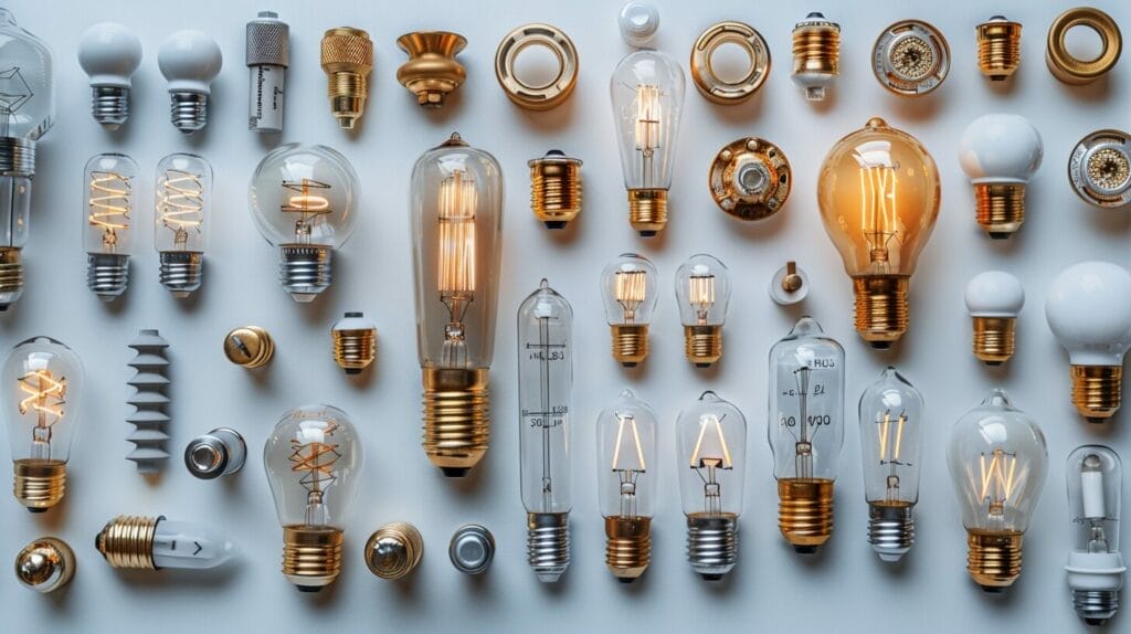 Different light bulb bases, screw, pin, bayonet, neatly arranged, white background.