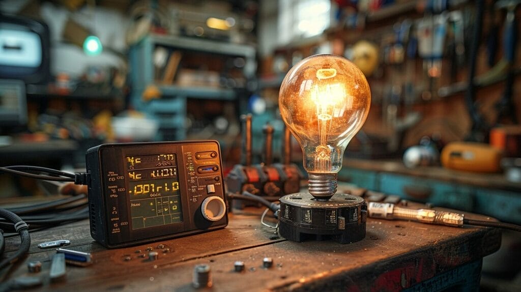 Digital multimeter and light bulb on a wooden workbench with tools.