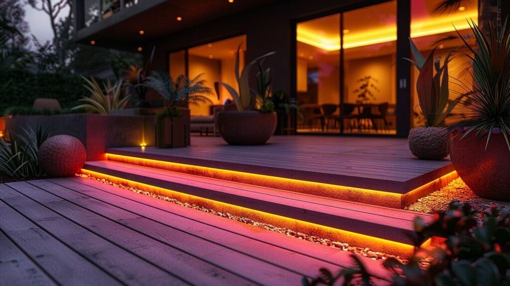 Dusk outdoor deck with solar-powered lights on railing and steps, eco-friendly ambiance.