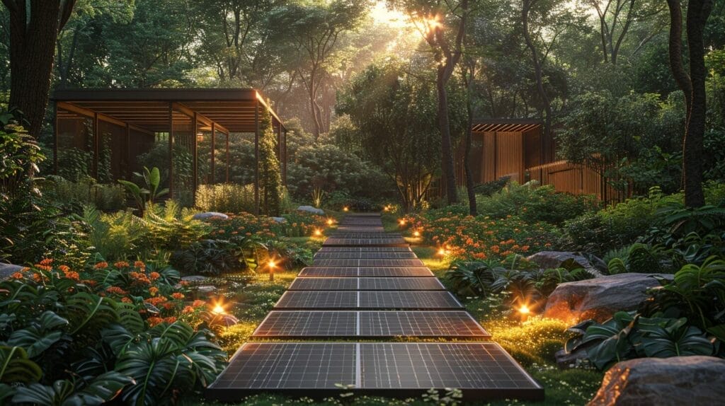 Eco-friendly garden at dusk, solar panels, LED lights