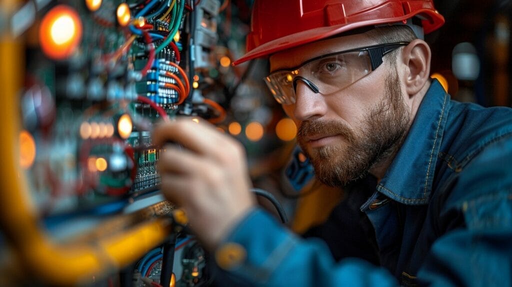 Electrical engineer and electrician in contrasting work environments.
