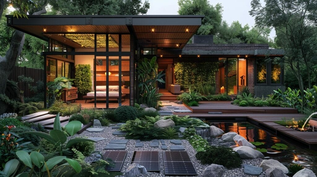 Evening garden, solar-powered lights, charming pathway, eco-friendly.