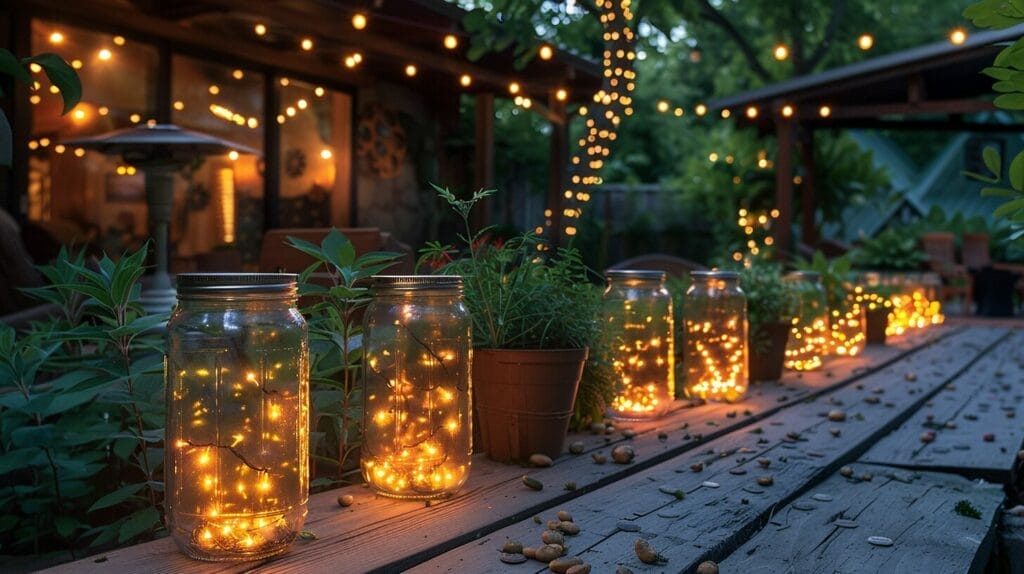 Evening garden with DIY solar lanterns hanging from trees and fence.