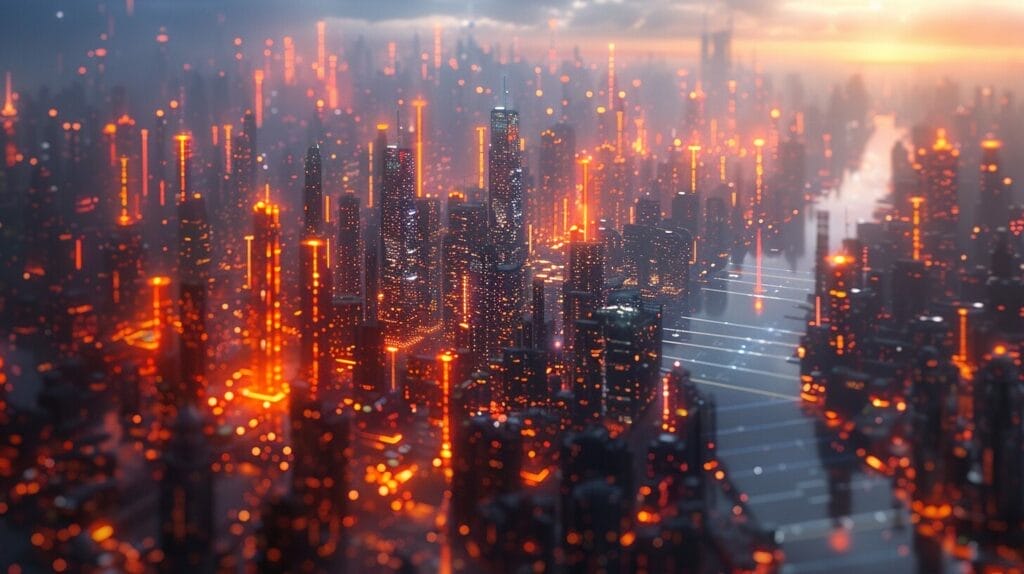 Futuristic cityscape with wireless electricity towers and interconnected glowing energy lines.