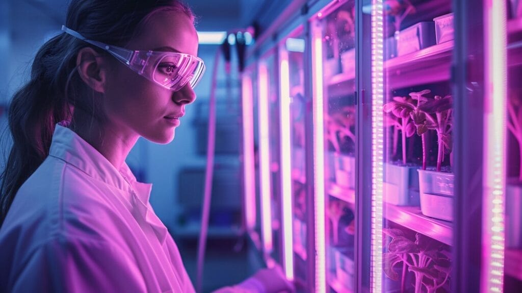 Futuristic lab with UV lights sanitizing equipment and aiding plant growth.