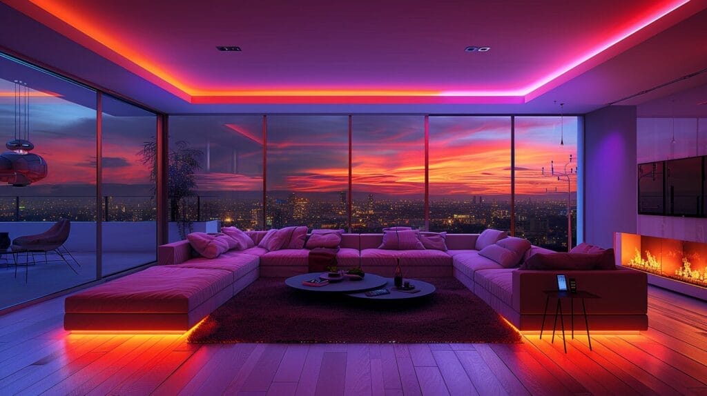 Futuristic living room with smart lighting.