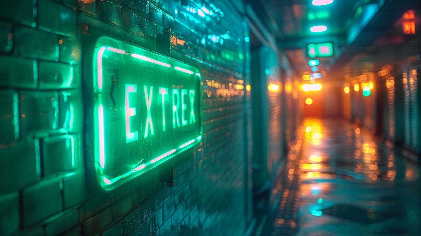 Green emergency exit sign in dim corridor.