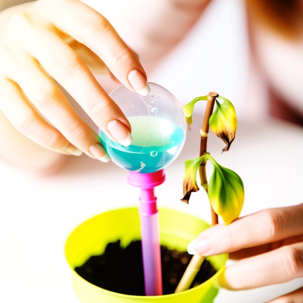 Hand adjusting watering globe in potted plant, troubleshooting visible.