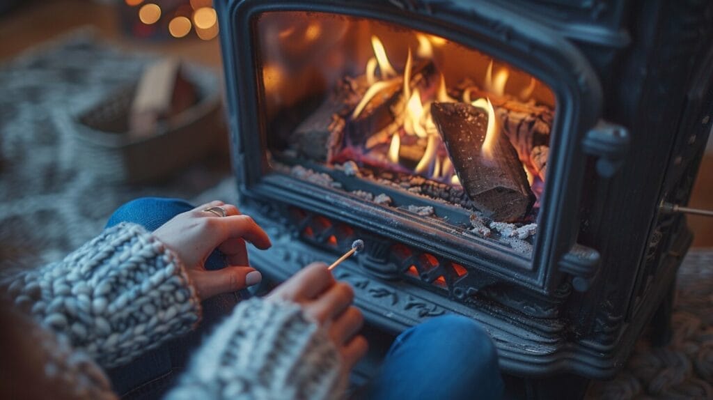 Hands adjusting gas valve, lit matchstick, warm fireplace glow.
