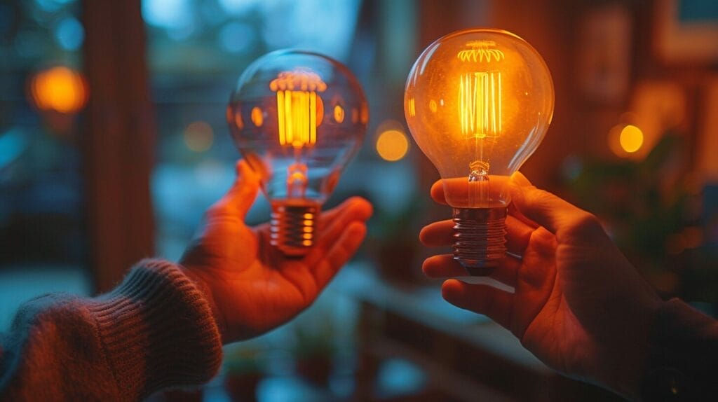 Hands comparing light bulb packages.