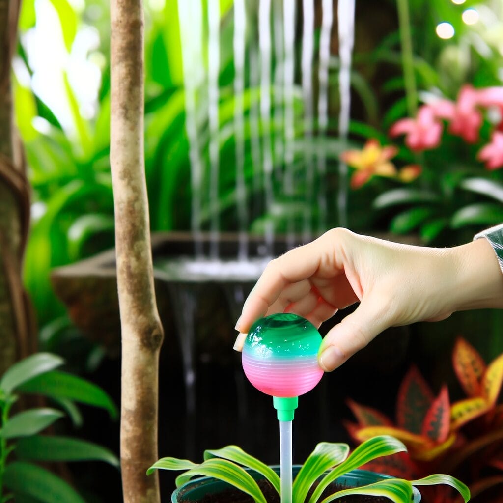 Hands inserting colorful watering globe in potted plant, indoor.