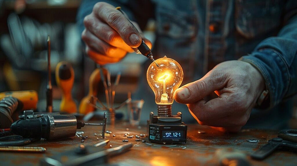 Hands testing a light bulb with a multimeter on a workbench.