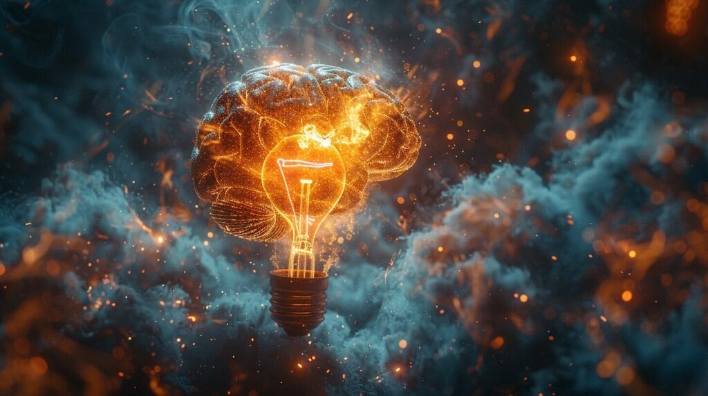 Illuminated brain, glowing light bulb, firing neurons, electric sparks