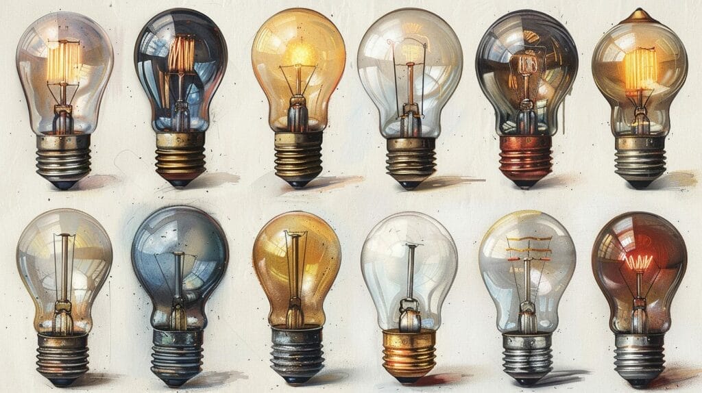 Light bulbs different base sizes, detailed close-ups, comparative arrangement.
