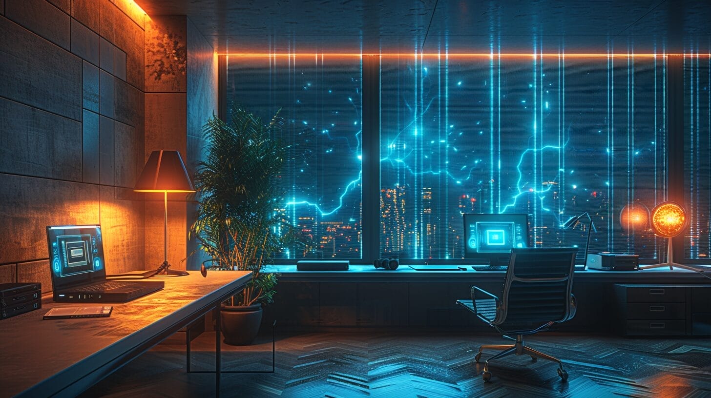 Modern, futuristic room with devices connected by glowing energy lines to a wireless charging hub.