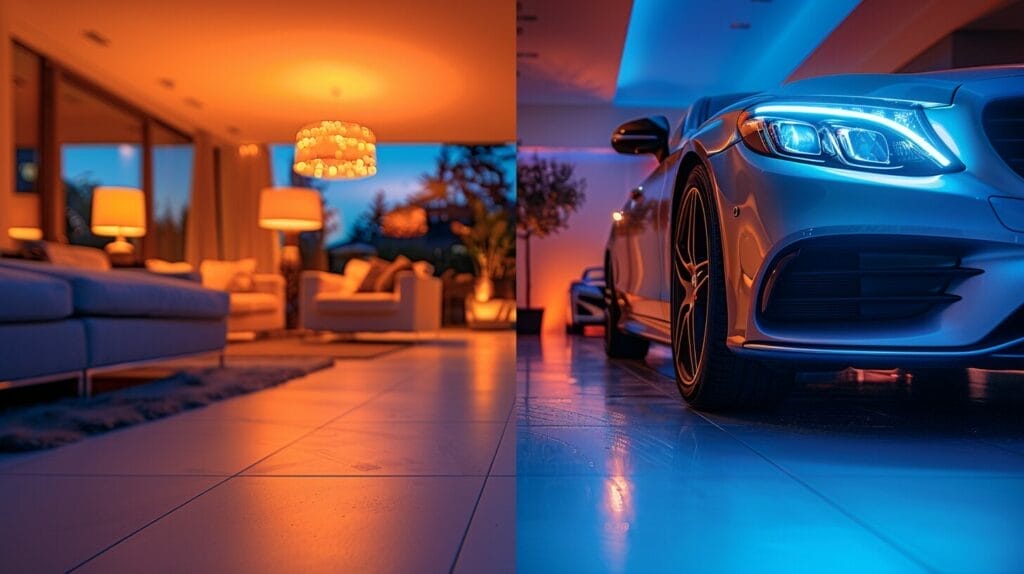 Modern living room and car headlight comparison.
