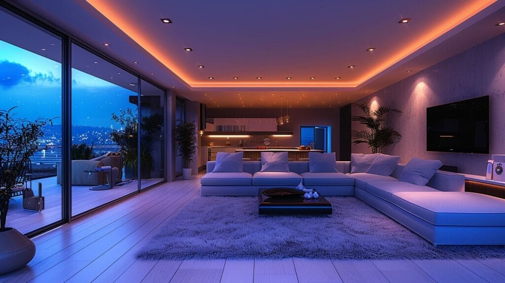 Modern living room with vibrant colors and detailed visibility under bright, energy-efficient LED flood lighting.