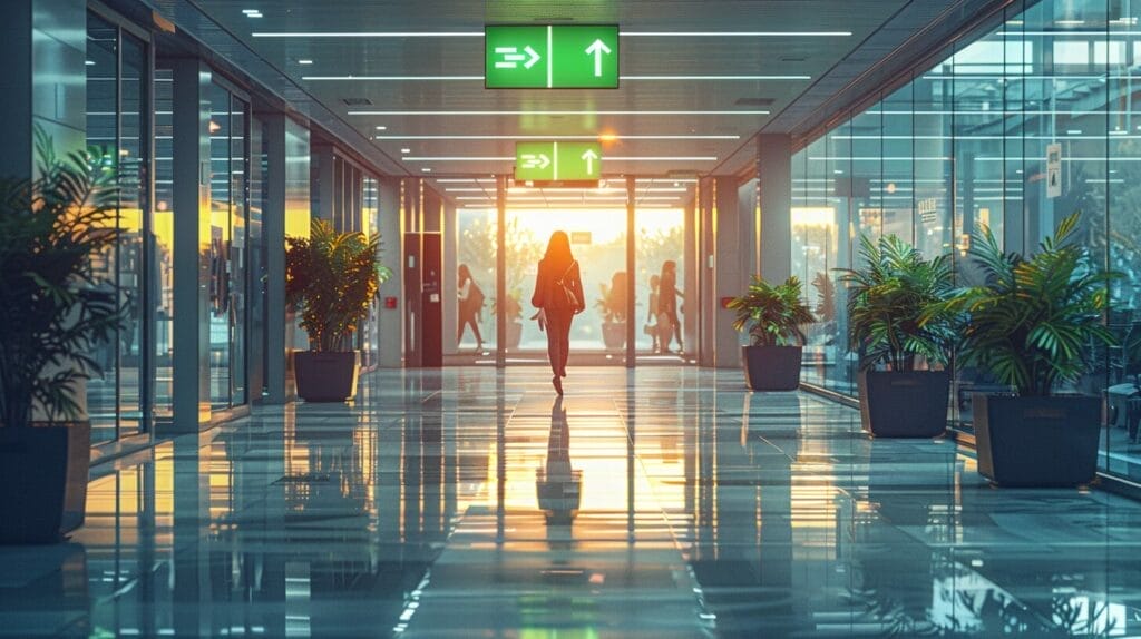 Modern office corridor with illuminated green exit signs.