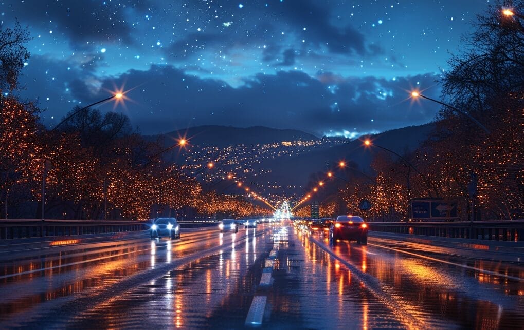 Night highway, illuminated road, anti-glare glasses