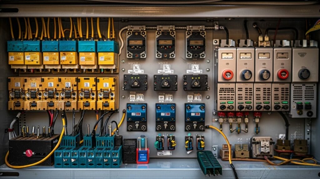 Organized electrical panel with clear 15 amp breaker and illuminated LED lights in a modern space.