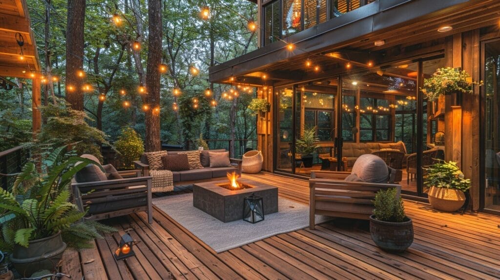 Outdoor deck at dusk with string lights, lanterns, and recessed lighting around seating area and fire pit.