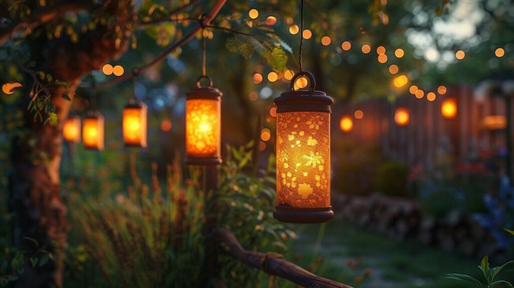 Outdoor dusk setting with glass jars and twinkling solar lights.