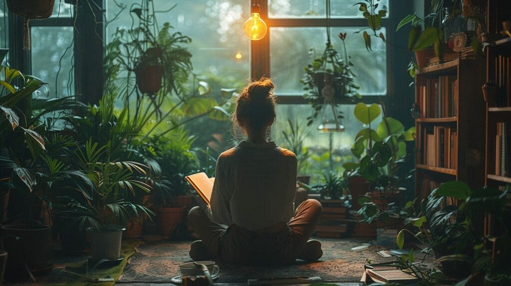 Person in cozy room, lush plants, books, coffee, glowing light bulb.