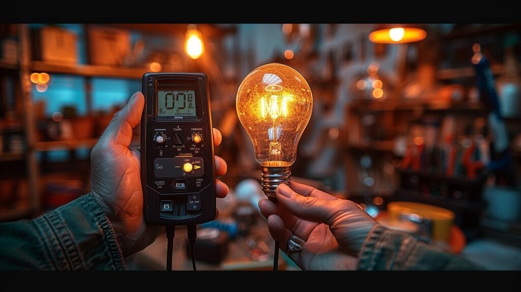 Person using multimeter on light bulb socket in a home workspace.